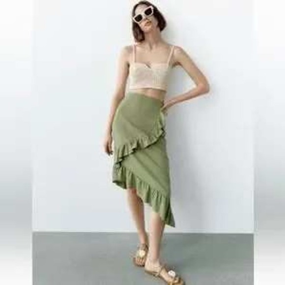 Zara asymmetrical‎ ruffle skirt linen green pencil.Size m - Picture 1 of 8